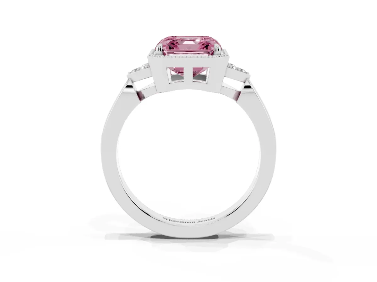 Fancy Pink Asscher Cut Diamond Halo Ring with Tapered Band and Four-Prong Setting Platinum