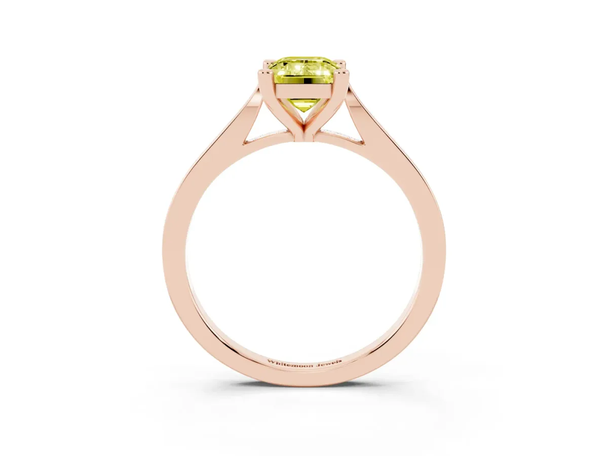 Fancy Yellow Emerald Cut Solitaire Diamond Ring with Four-Prong Setting and Tapered Band Rose gold