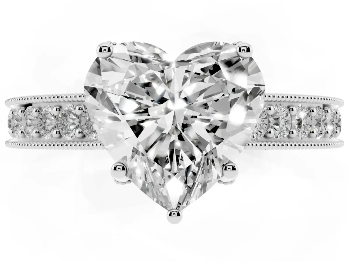 Heart Cut Cut Diamond Solitaire Ring with Milgrain Pave Band and Four Prong Setting Silver