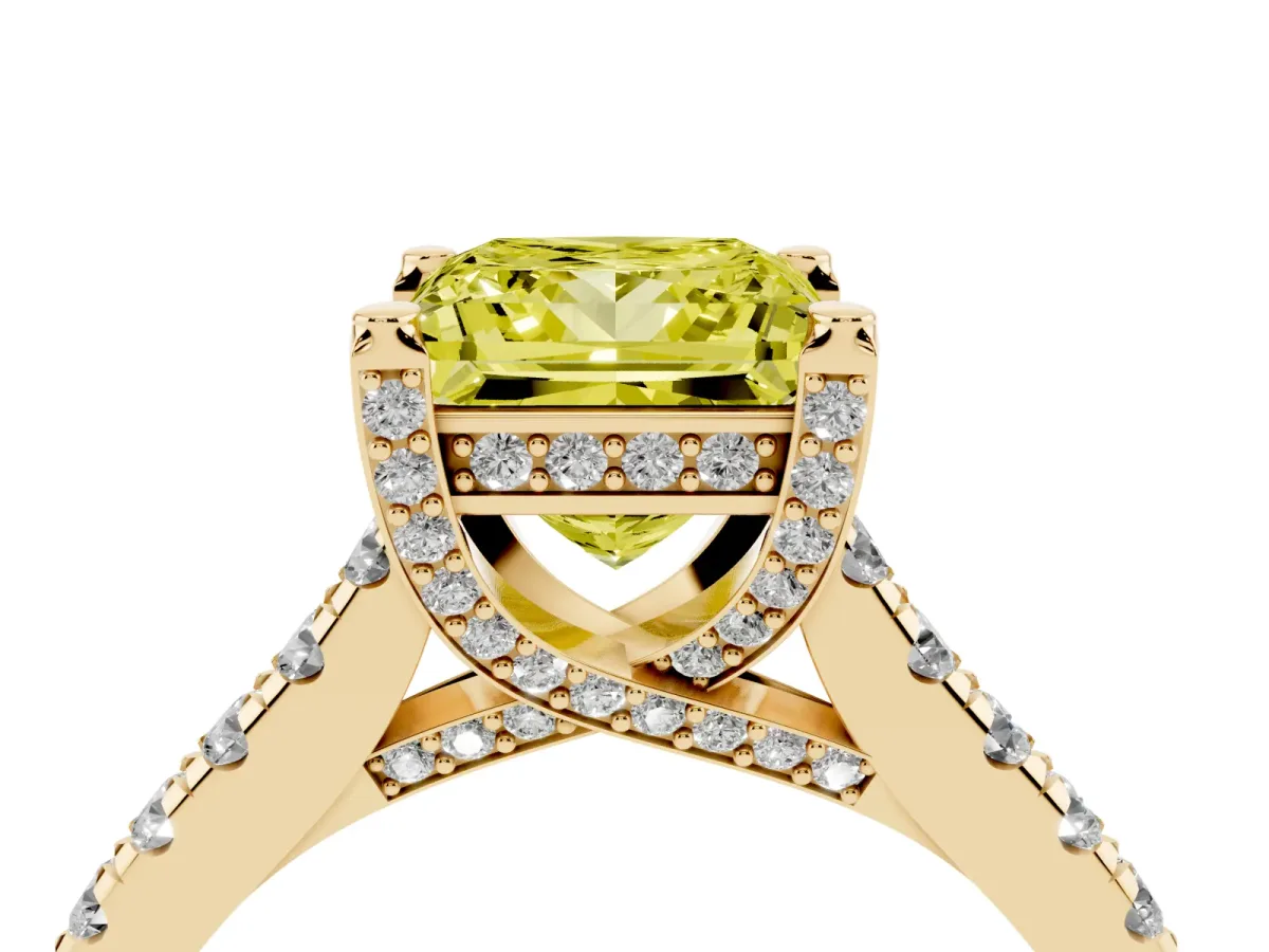 Fancy Yellow Princess Cut Brilliant Diamond Solitaire with Pavé Band and Four-Prong Setting Yellow gold