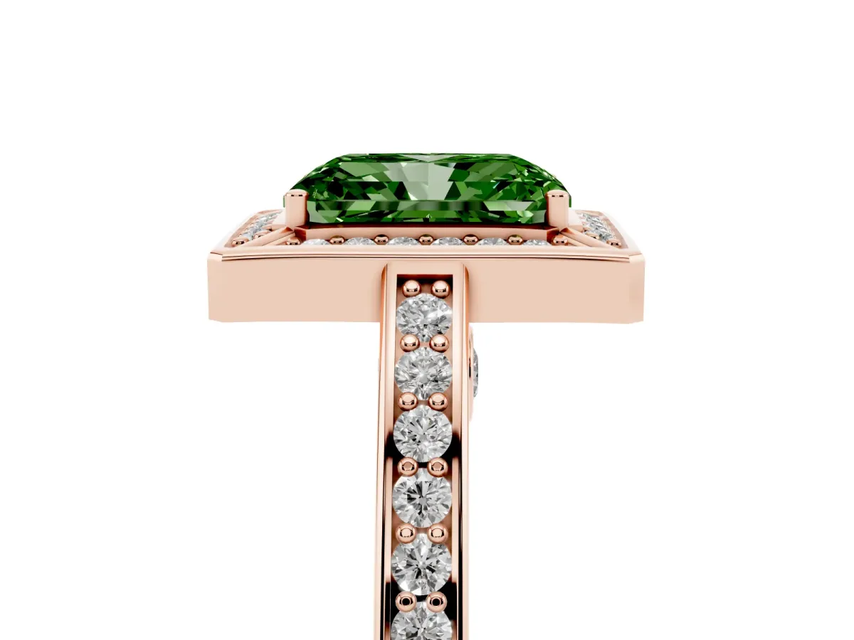 Fancy Green Radiant Cut Cut Halo Pave Split Shank Prong Setting Ring Rose gold