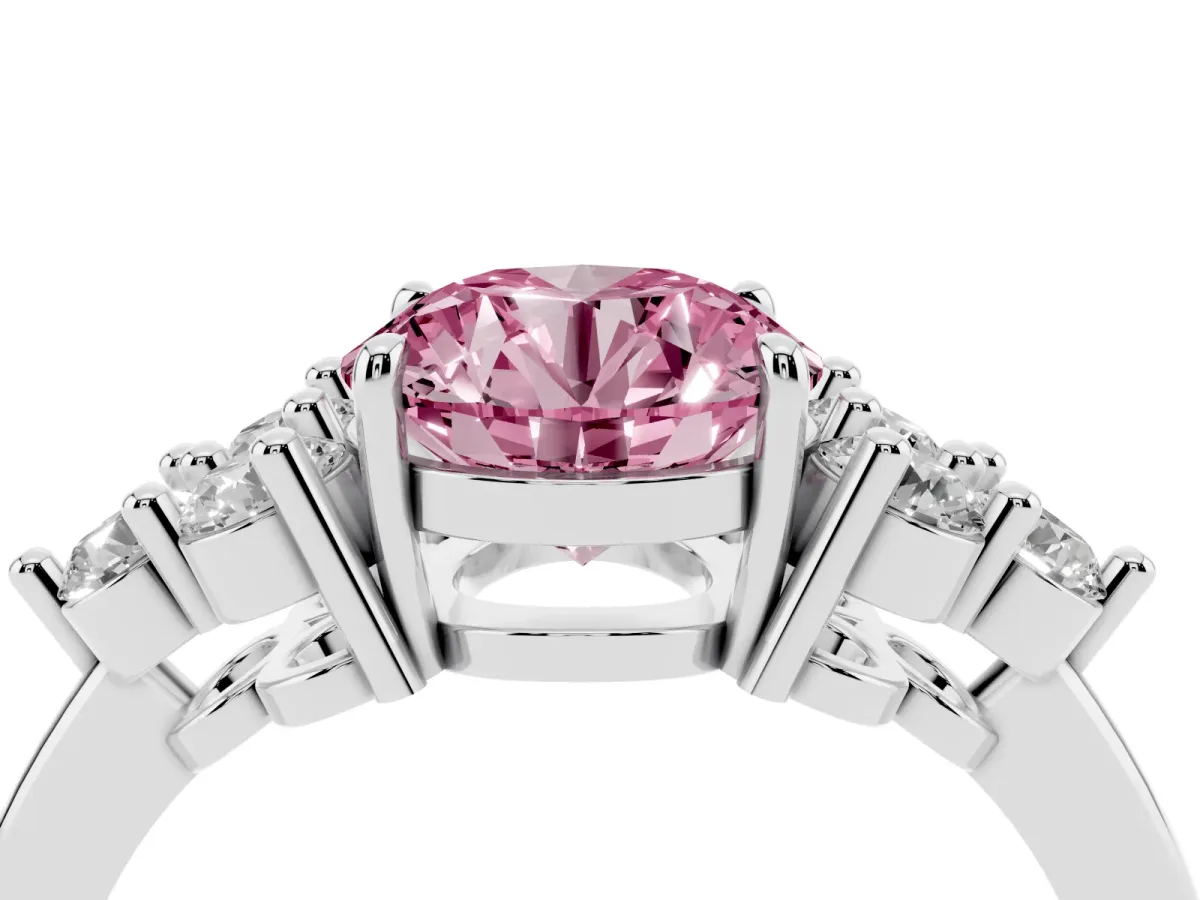 Fancy Pink Round Cut Brilliant Diamond Cluster Accent Solitaire Ring with Prong Setting White gold