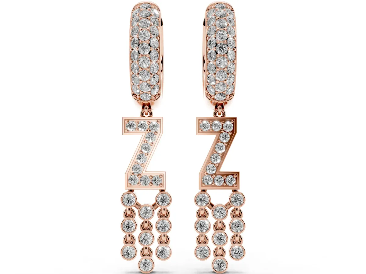 Round Diamond Initial Z Huggie Hoop Earrings Rose gold