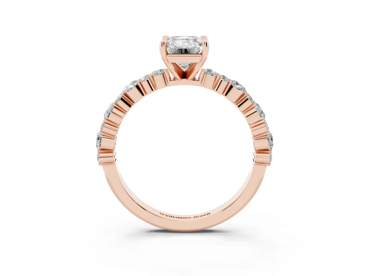 Emerald Cut Diamond Side Stone Solitaire Ring with Round and Four-Prong Setting Rose gold