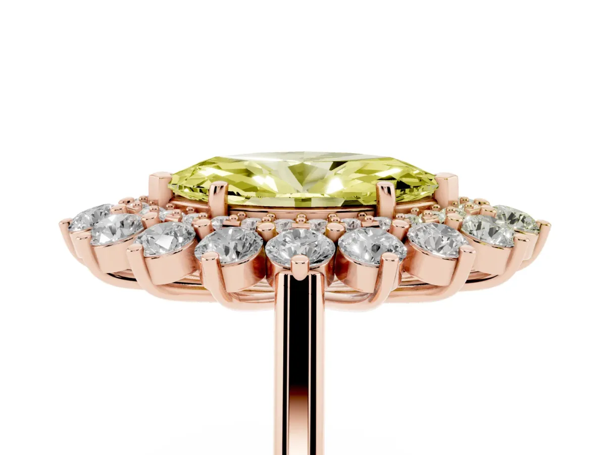 Fancy Yellow Marquise Cut Diamond Floral Double Halo Engagement Ring with Prong Setting Rose gold