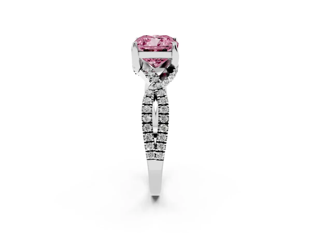 Fancy Pink Cushion Cut Solitaire Twist Pave Diamond Engagement Ring with Prong Setting Silver