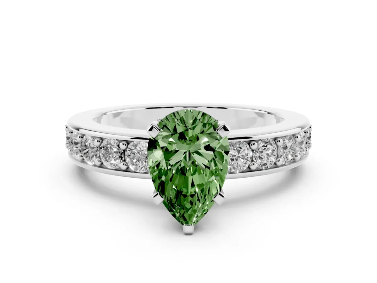 Fancy Green Pear Cut Diamond Engagement Ring with Channel Set Round Band and Prong Setting Platinum