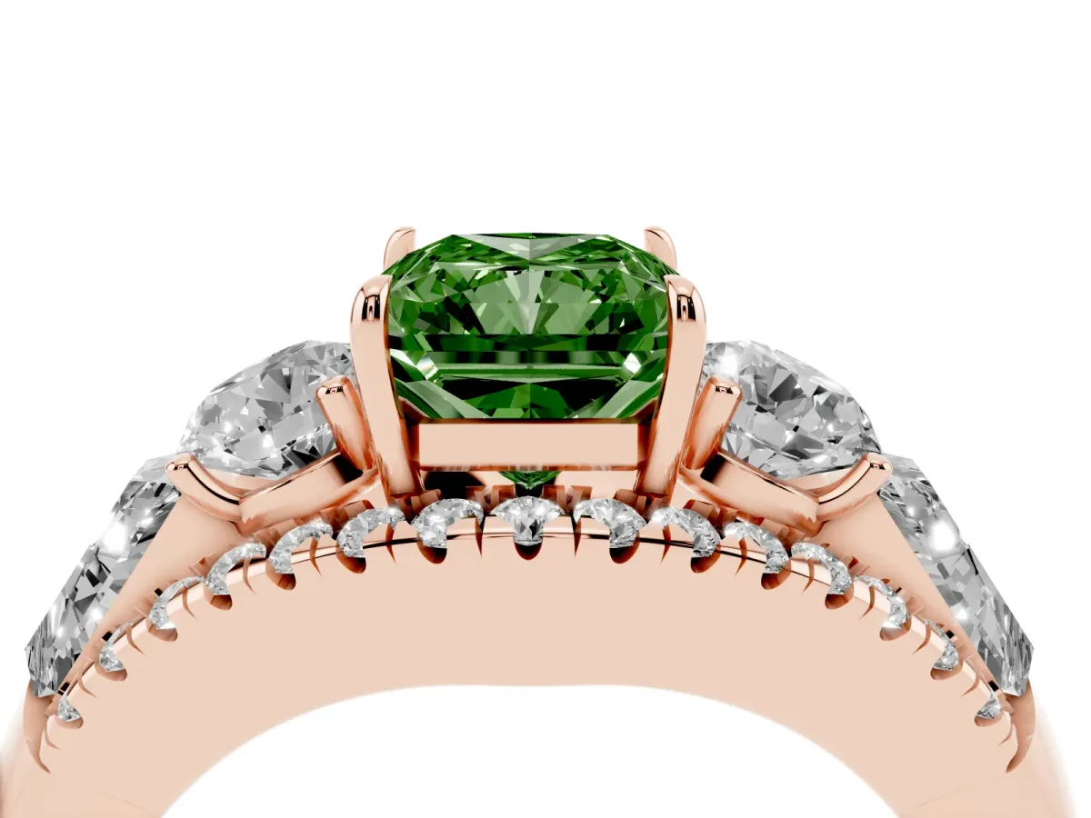 Fancy Green Three-Stone Radiant Cut Diamond Engagement Ring with Pave Band and Prong Setting Rose gold