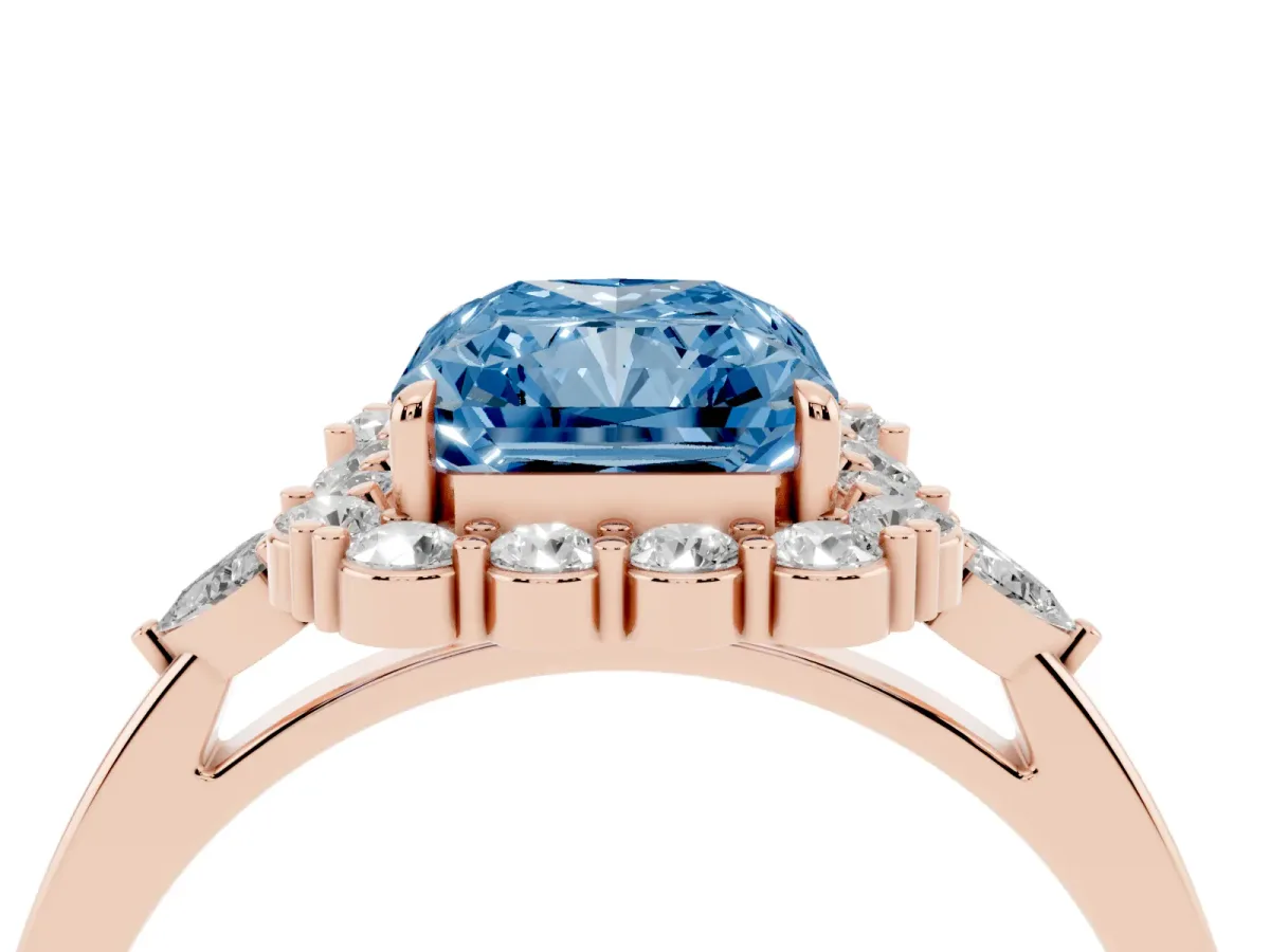 Fancy Blue Radiant Cut Diamond Halo Ring with Pear Side Stones and Prong Setting Rose gold
