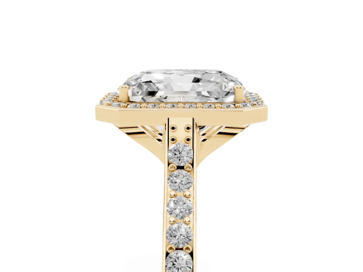 Radiant Cut Diamond Halo Engagement Ring with Round Pavé Shoulders and Prong Setting Yellow gold