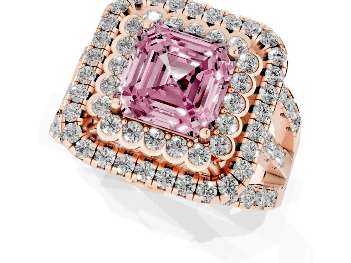 Fancy Pink Asscher Cut Diamond Double Halo Ring with Round Pavé Split Shank and Prong Setting Rose gold