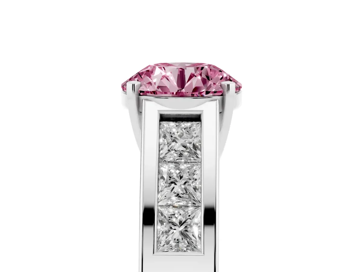 Fancy Pink Round Cut Cut Channel Set Solitaire Ring with Four-Prong Setting Platinum
