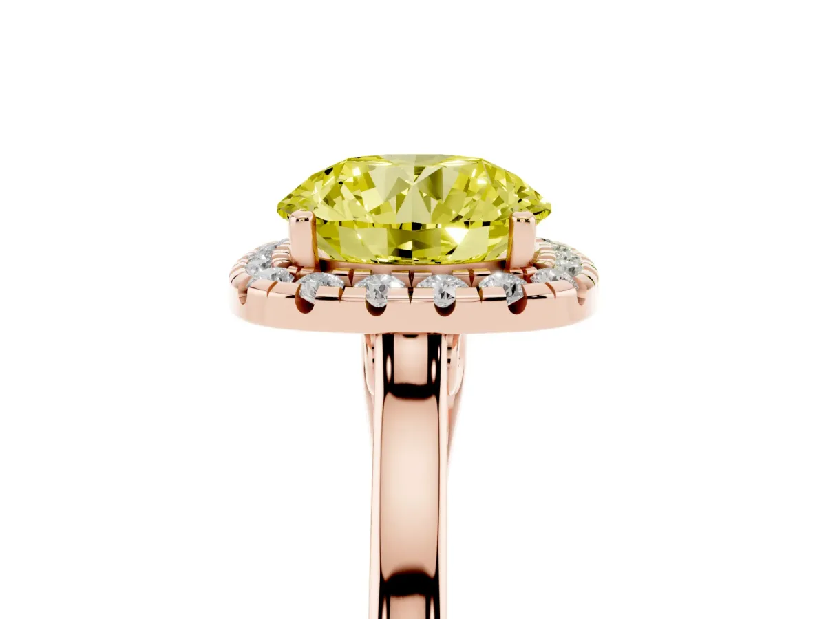 Fancy Yellow Round Cut Halo Round Diamond Solitaire Ring with Pavé Band and Four-Prong Setting Rose gold
