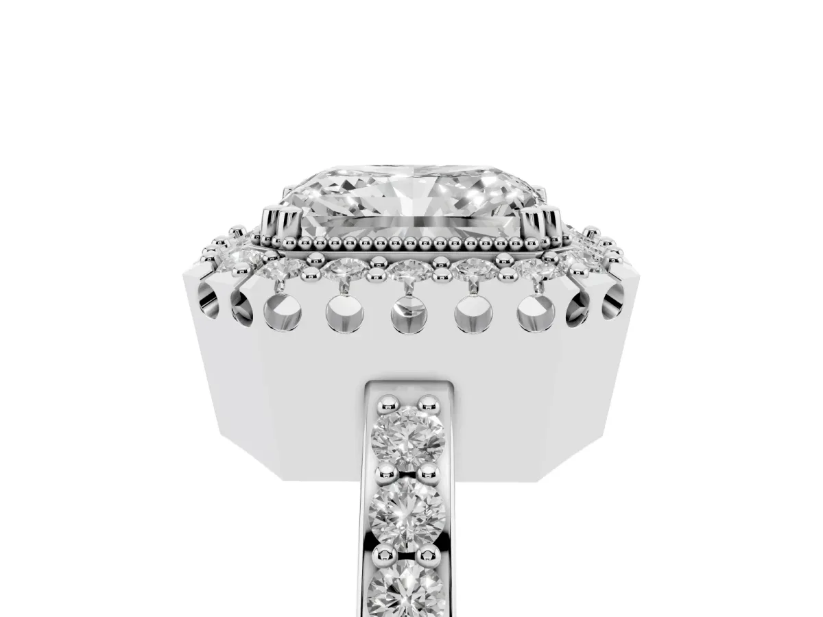 Radiant Cut Diamond Halo Ring with Pavé Band and Prong Setting Platinum