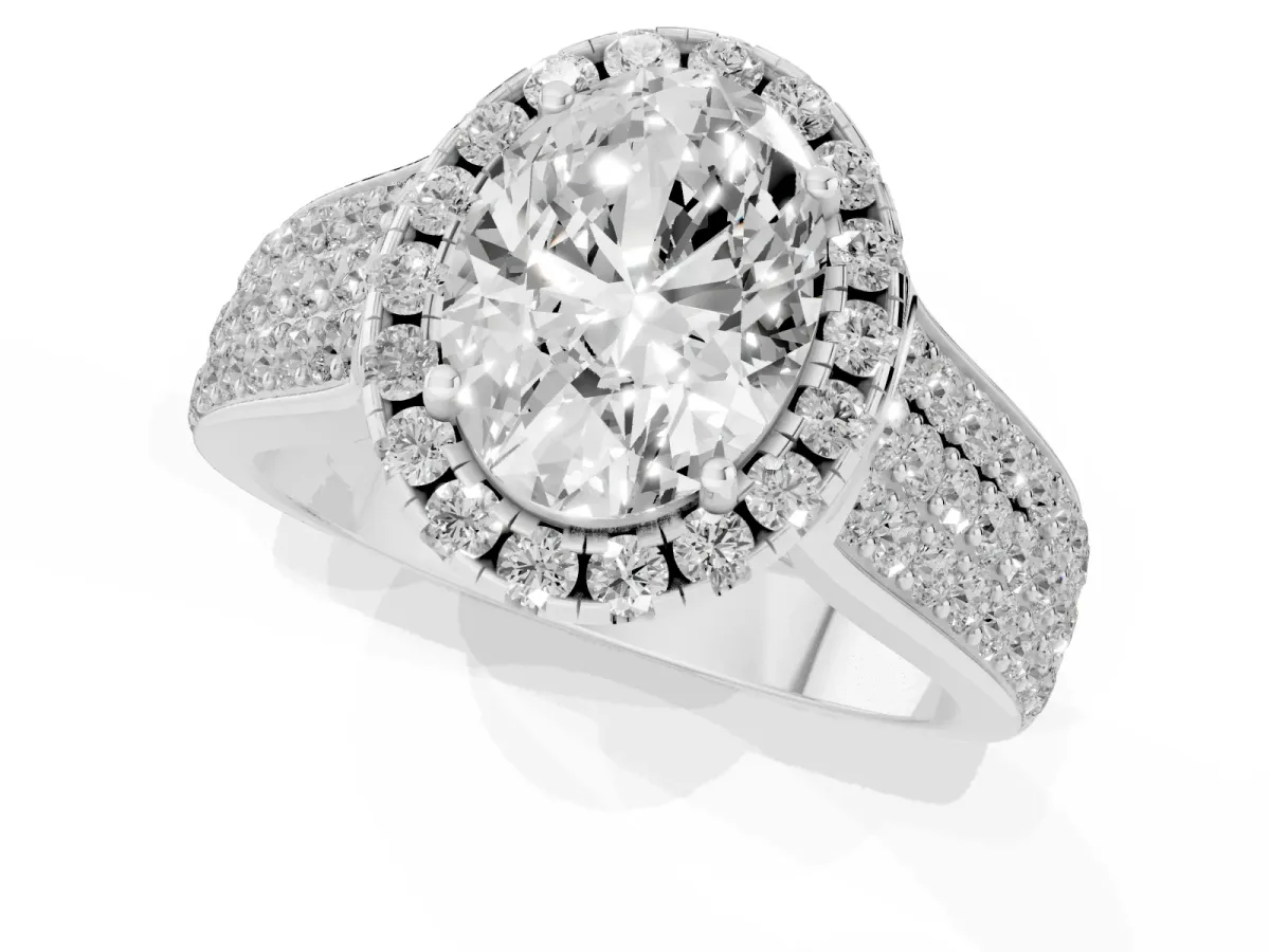 Oval Cut Halo Round Diamond Pave Band with Prong Setting White gold