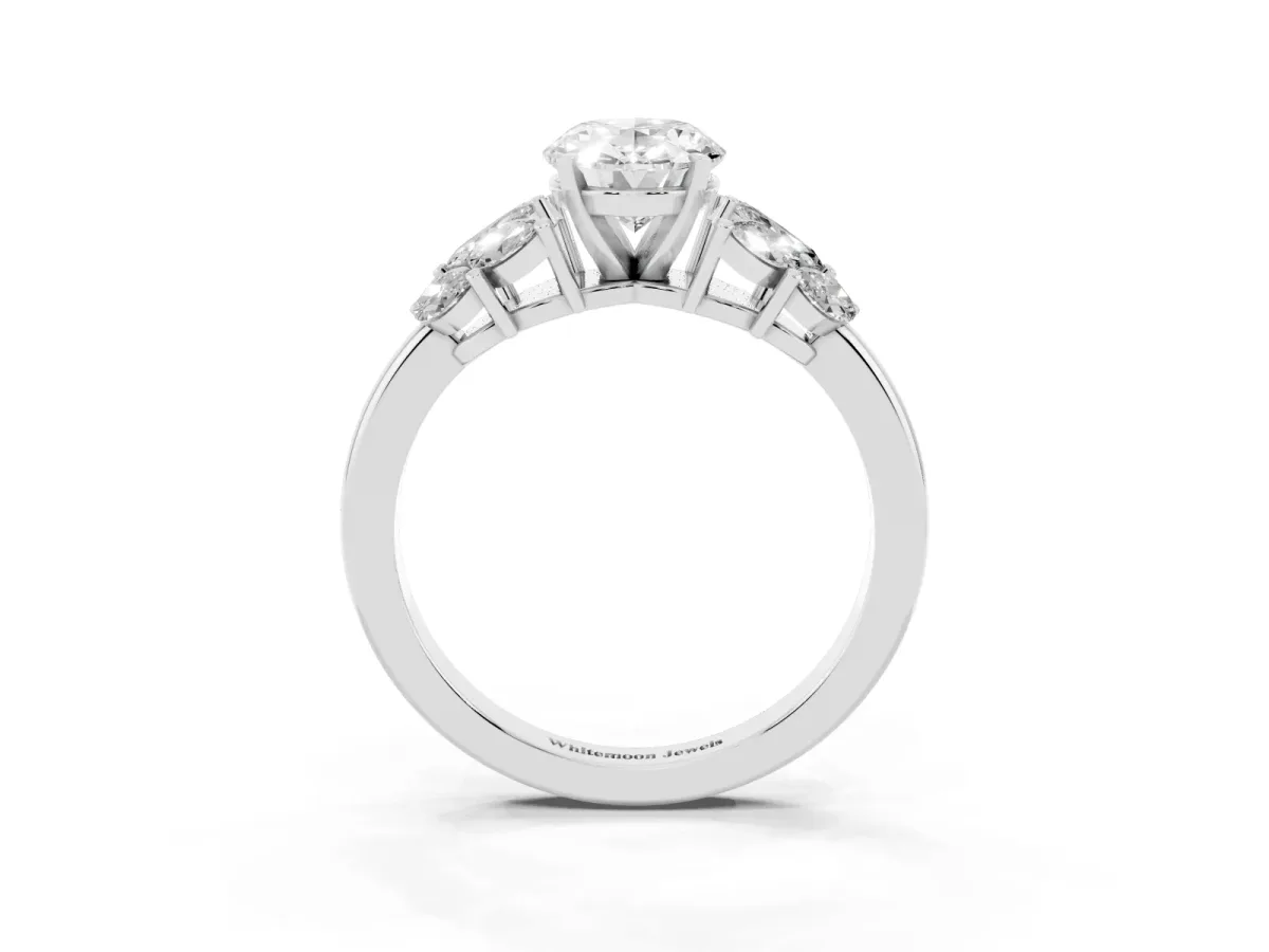 Oval Cut Diamond Cluster Leaf Design Ring with Prong Setting Platinum