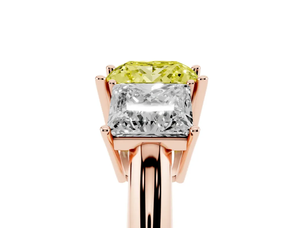 Fancy Yellow Three-Stone Princess Cut Cut Diamond Engagement Ring with Prong Setting on a White Gold Band Rose gold