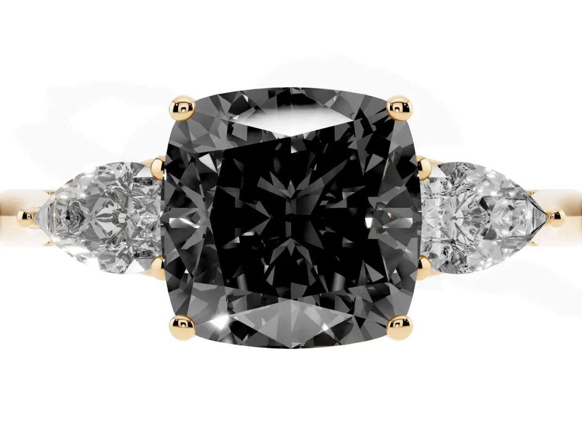 Fancy Black Cushion Cut Diamond Three-Stone Ring with Pear Side Stones and Prong Setting Yellow gold