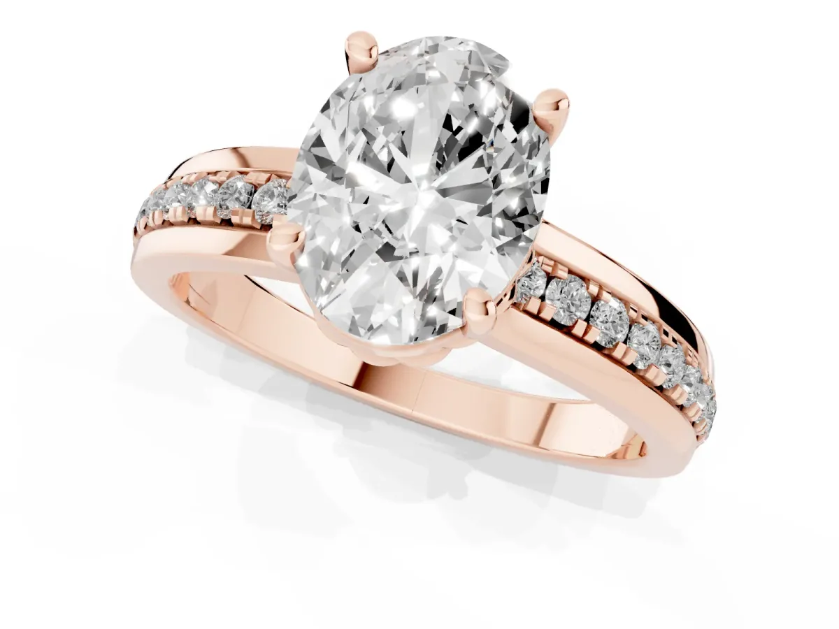 Oval Cut Solitaire Diamond Ring with Channel Set Band and Six-Prong Setting Rose gold