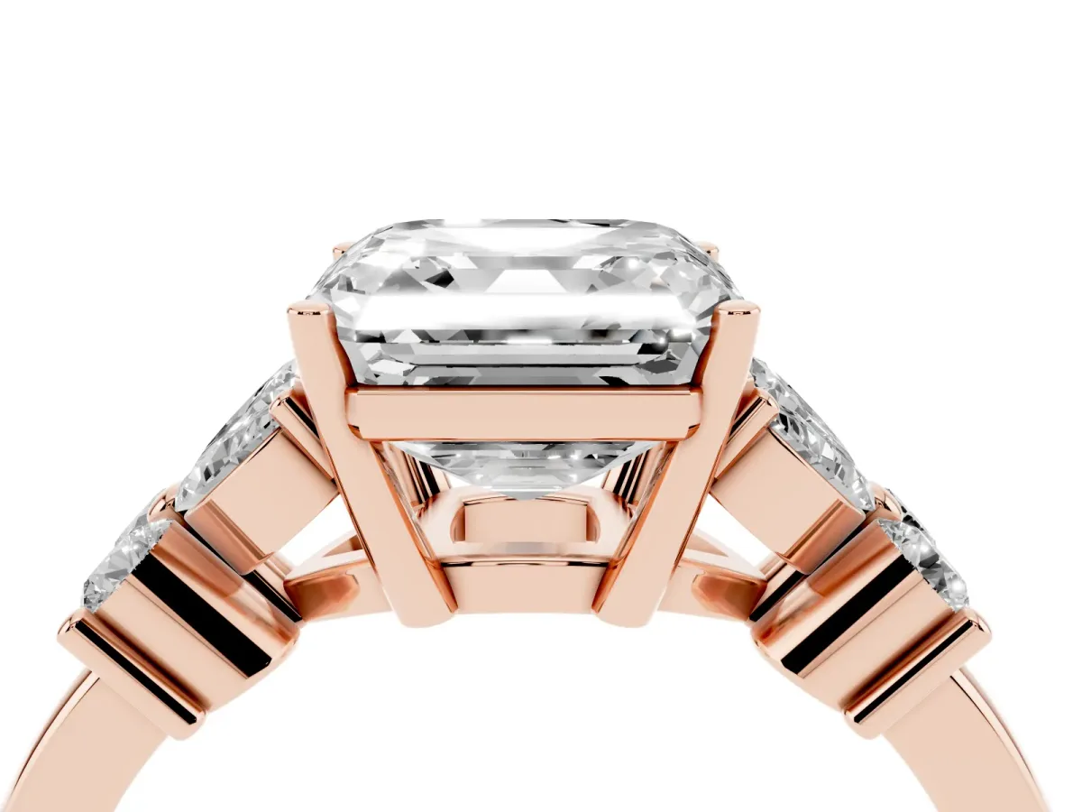Asscher Cut Diamond Floral Cluster Ring with Solitaire Band and Prong Setting Rose gold