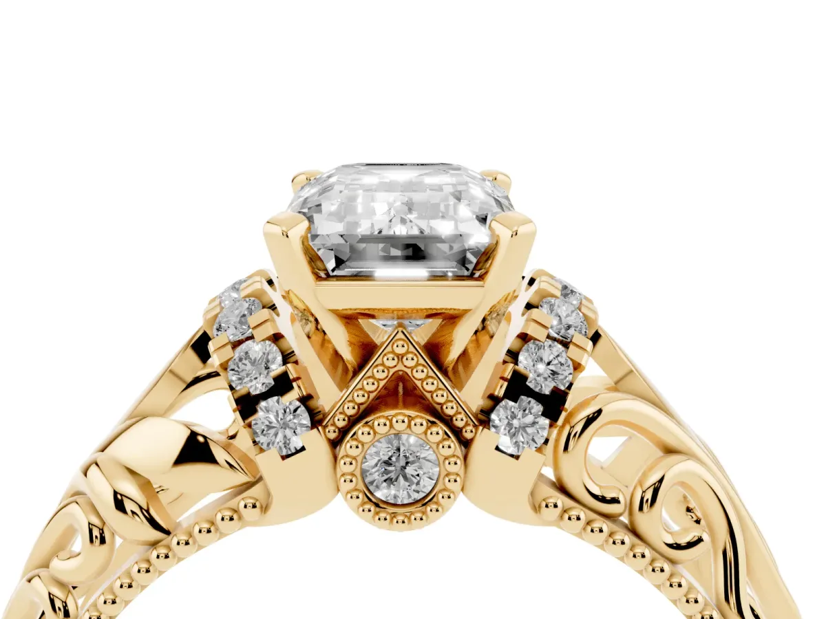 Emerald Cut Solitaire Filigree Engagement Ring with Halo and Prong Setting Yellow gold
