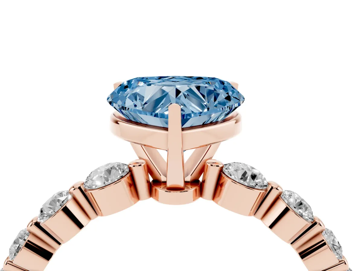 Fancy Blue Heart Cut Solitaire Diamond Ring with Pave Band and Four-Prong Setting Rose gold