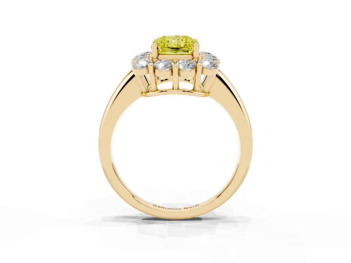 Fancy Yellow Radiant Cut Halo Cluster Diamond Engagement Ring with Prong Setting and Polished Band Yellow gold