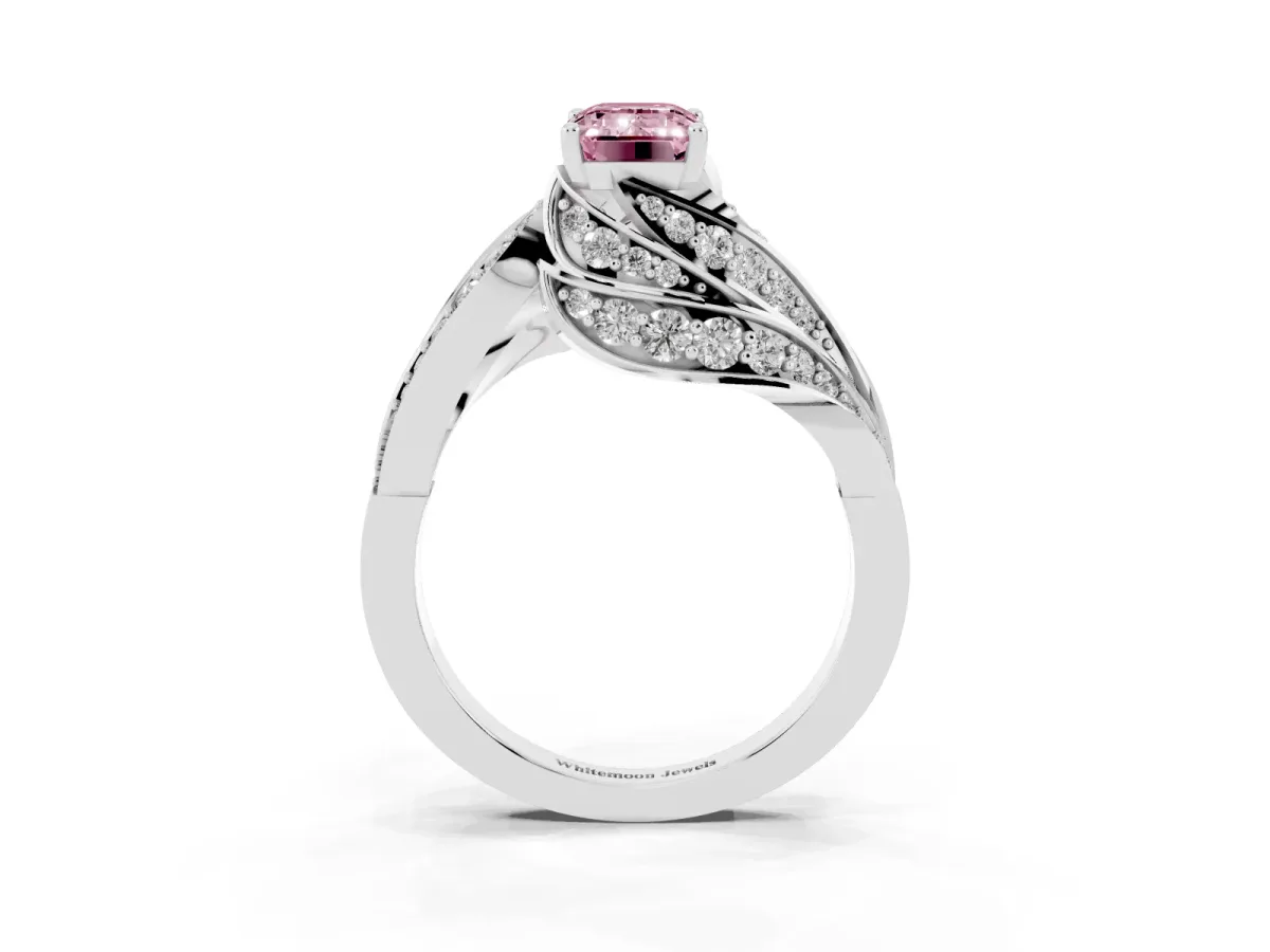 Fancy Pink Emerald Cut Diamond Solitaire Ring with Prong Setting and Twisted Pavé Band Silver