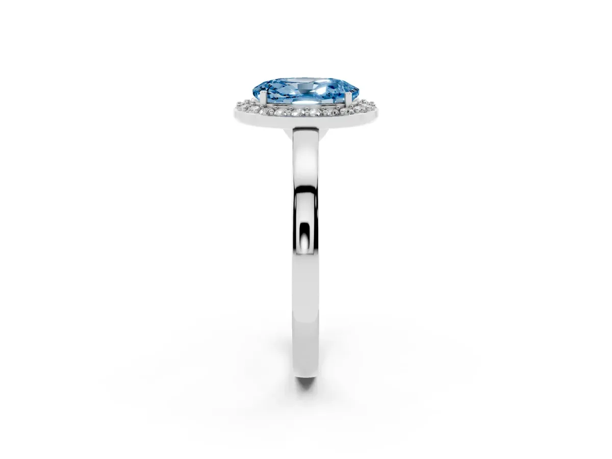 Fancy Blue Oval Cut Halo Diamond Ring with Solitaire Band and Prong Setting Platinum
