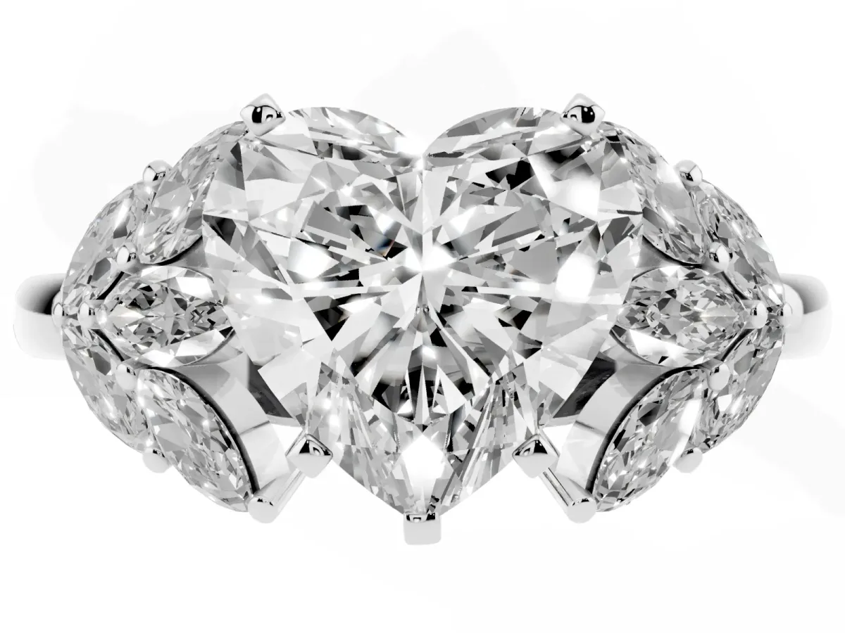 Heart Cut Diamond Cluster Leaf Design Ring with Prong Setting Silver