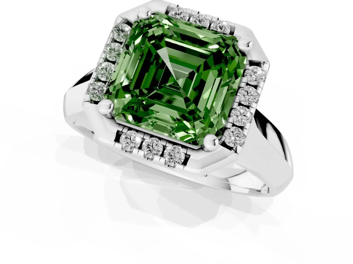 Fancy Green Asscher Cut Cut Halo Solitaire Engagement Ring with Square Band and Four-Prong Setting Silver