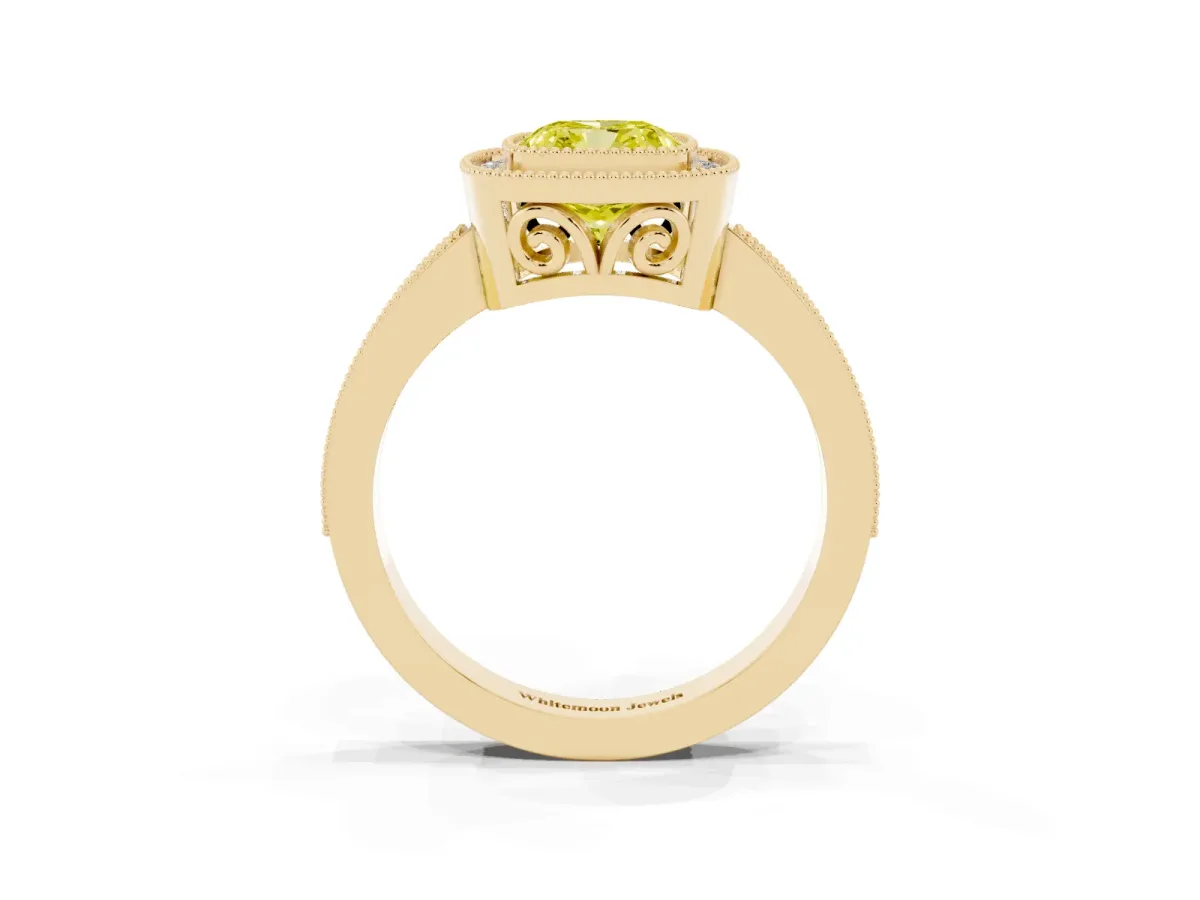 Fancy Yellow Cushion Cut Cut Halo Diamond Ring with Pavé Band and Milgrain Prong Setting Yellow gold