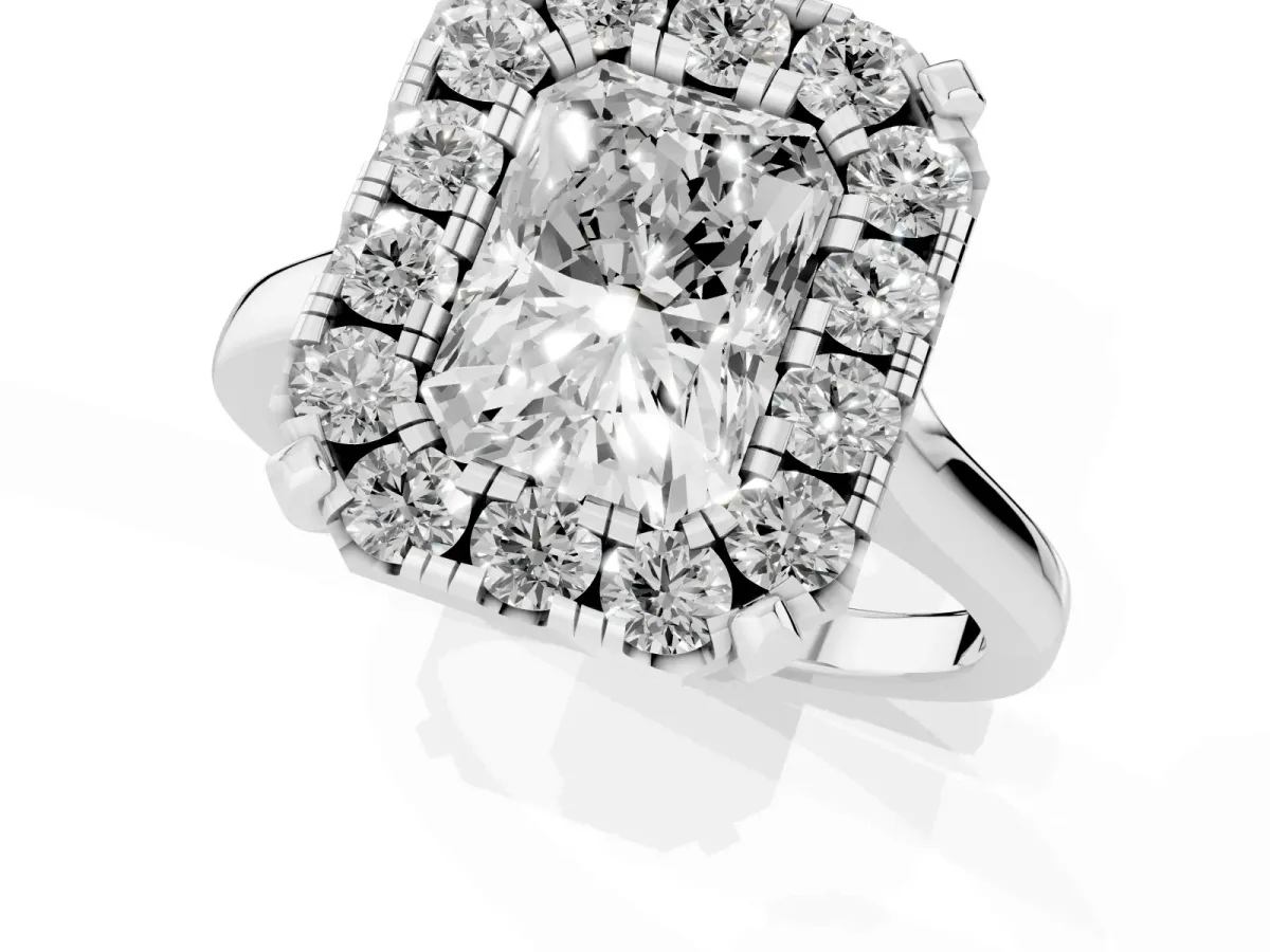 Radiant Cut Diamond Cluster Halo Solitaire with Four-Prong Setting Platinum