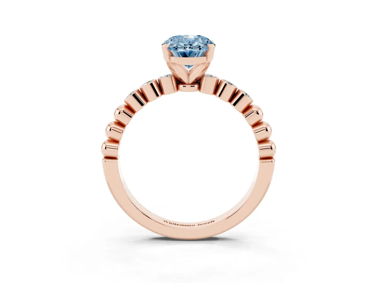 Fancy Blue Oval Cut Solitaire Bezel Accent Diamond Engagement Ring with Beaded Band and Four-Prong Setting Rose gold