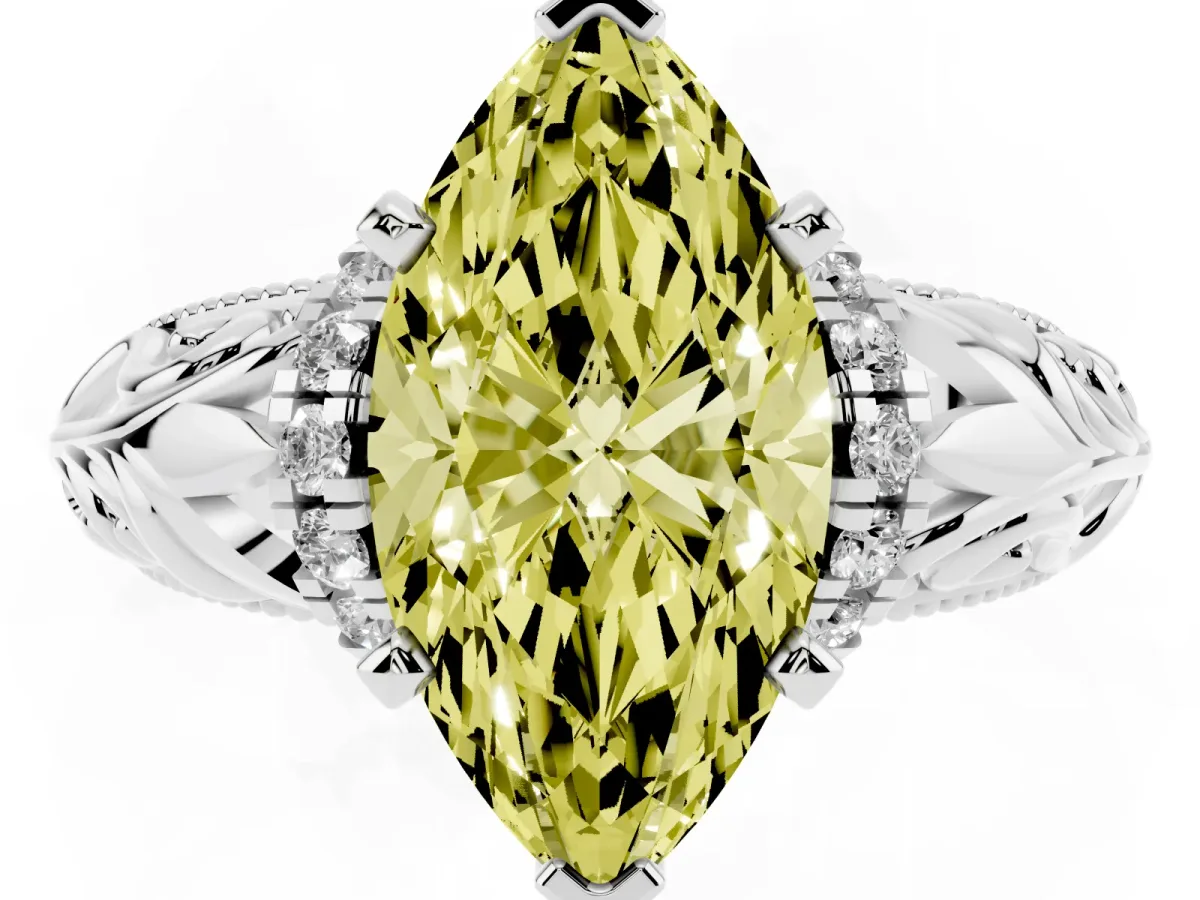 Fancy Yellow Marquise Cut Solitaire Filigree Engagement Ring with Halo and Prong Setting White gold