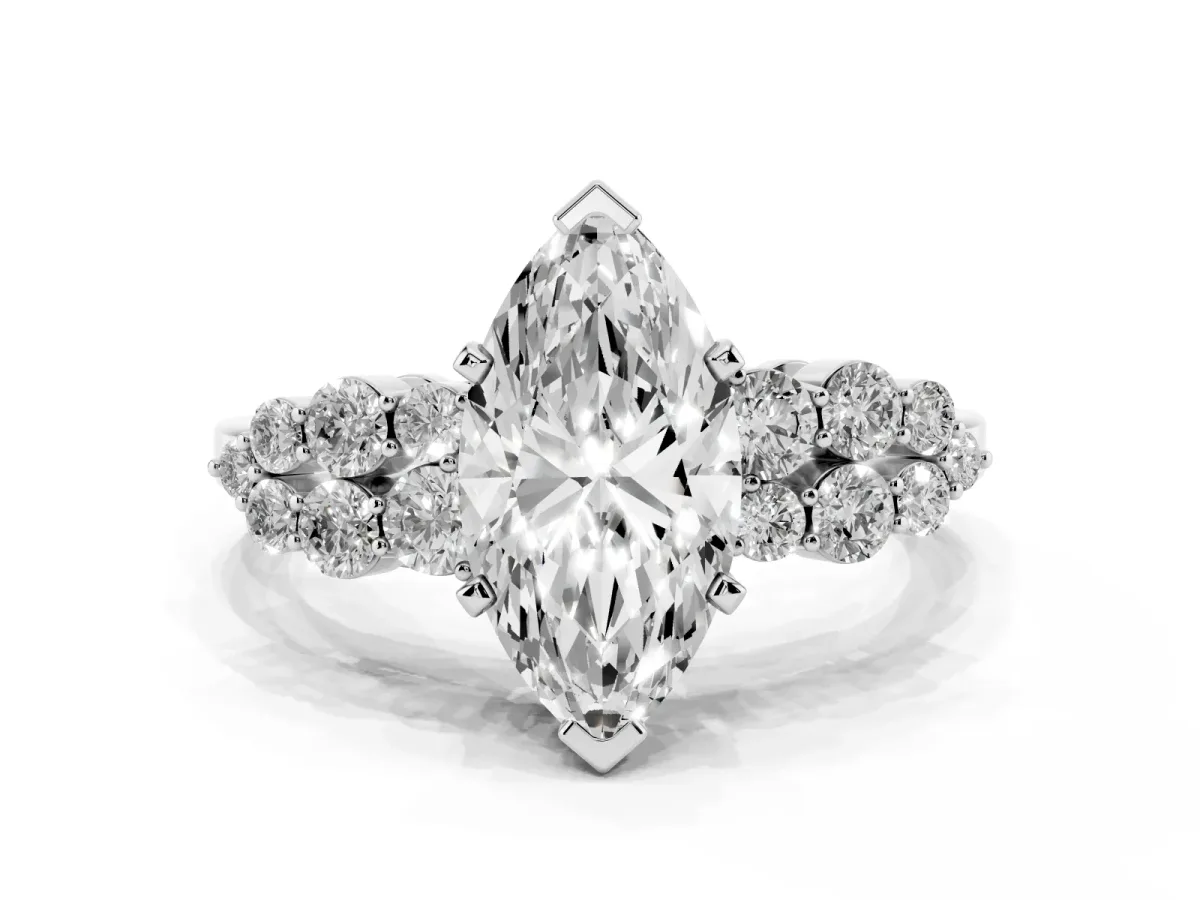 Marquise Cut Cluster Diamond Engagement Ring with Pavé Band and Four-Prong Setting Silver