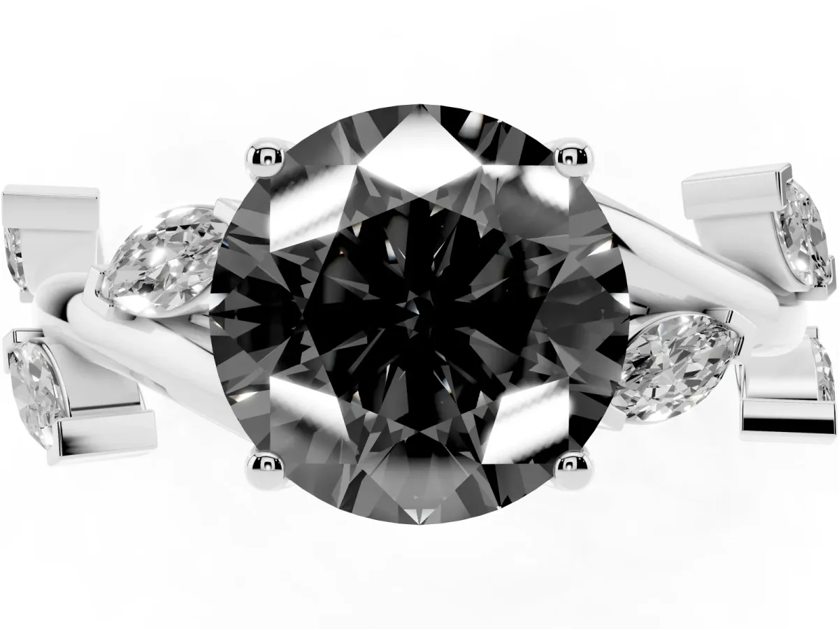 Fancy Black Round Cut Solitaire Twisted Band Marquise Accent Prong Setting Ring Silver