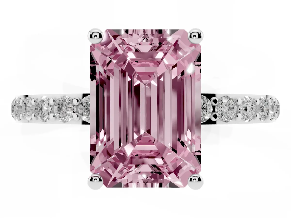 Fancy Pink Emerald Cut Diamond Solitaire Ring with Round Pavé Shoulders and Prong Setting Platinum