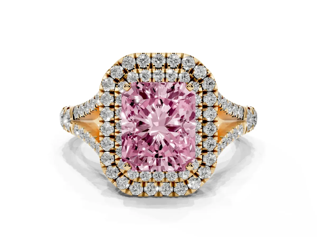 Fancy Pink Radiant Cut Diamond Double Halo Ring with Split Shank and Prong Setting Yellow gold