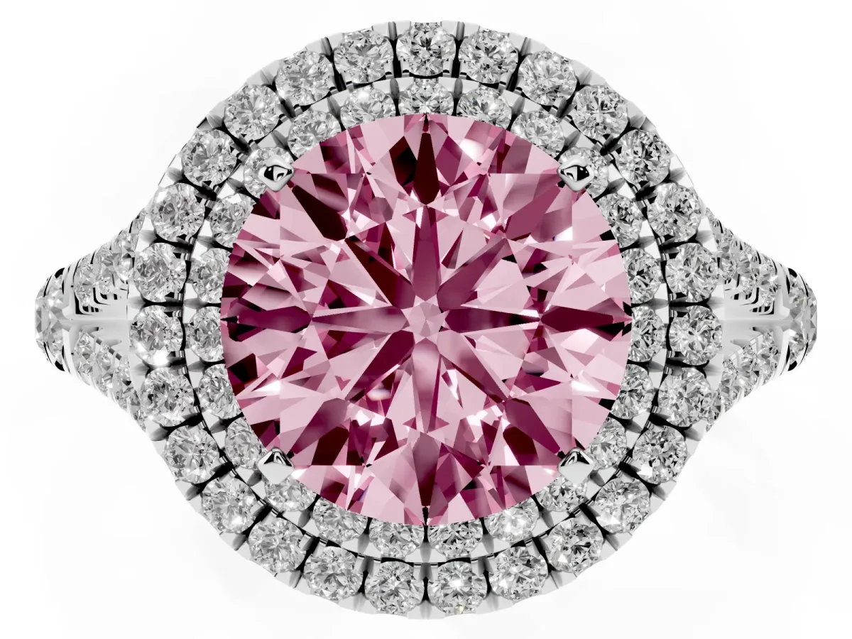 Fancy Pink Double Halo Round Cut Diamond Split Shank Engagement Ring with Four-Prong Setting Silver