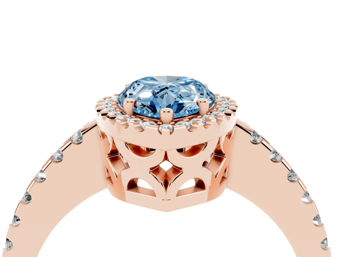 Fancy Blue Pear Cut Diamond Halo Engagement Ring with Pavé Band and Prong Setting Rose gold