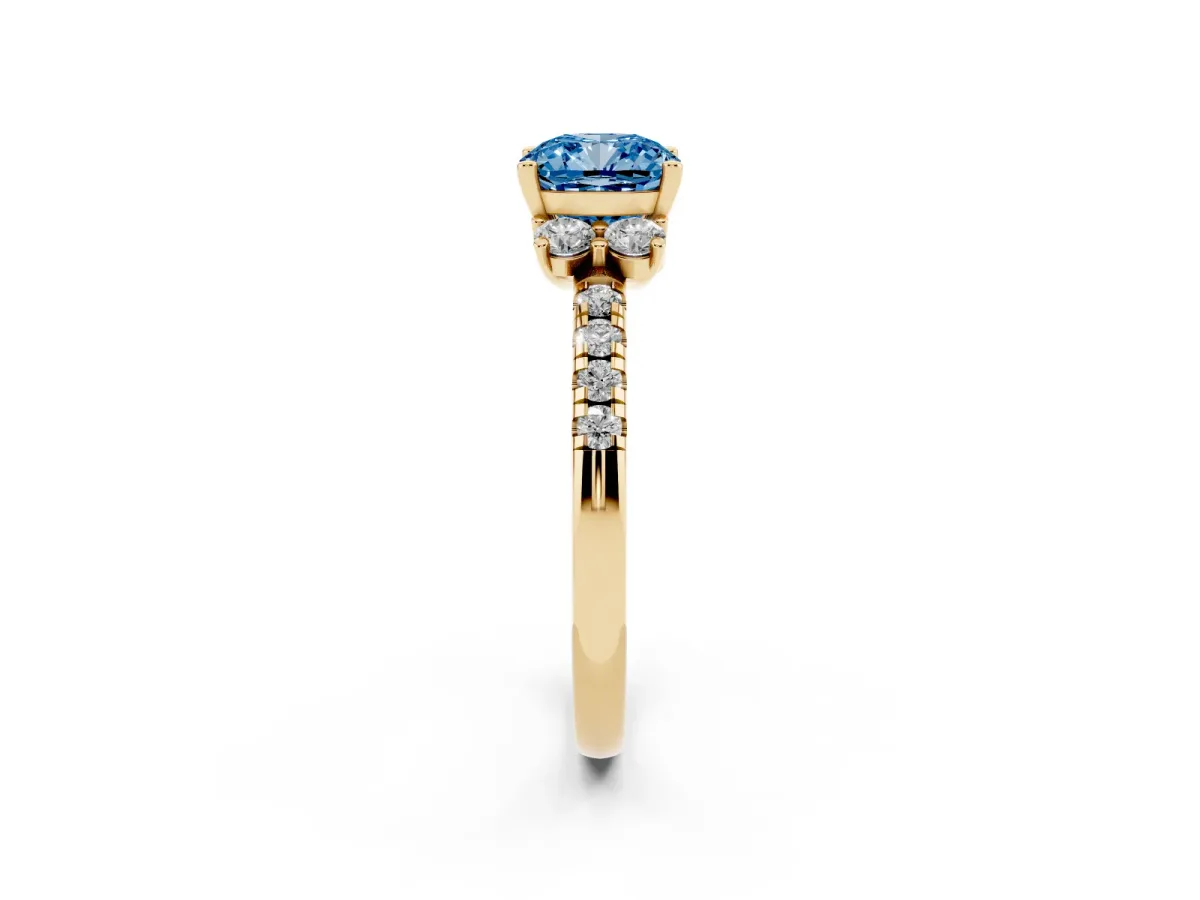Fancy Blue Cushion Cut Diamond Three-Stone Pave Band with Four-Prong Setting Yellow gold