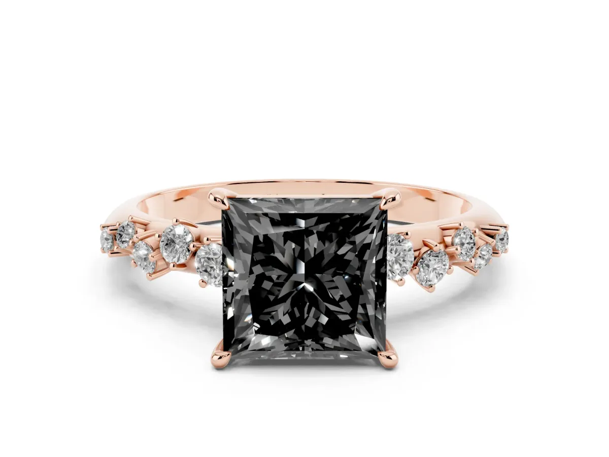 Fancy Black Princess Cut Diamond Cluster Side Stone Solitaire Ring with Prong Setting Rose gold