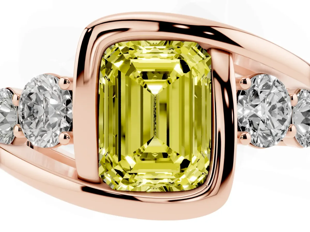Fancy Yellow Bezel Set Emerald Cut Diamond Bypass Ring with Round Accents Rose gold
