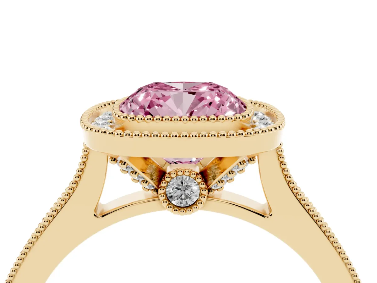 Fancy Pink Halo Cushion Cut-Cut Diamond Pave Band Milgrain Prong Setting Ring Yellow gold
