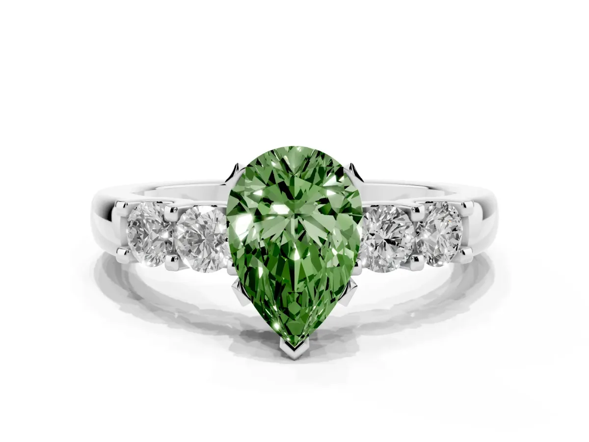 Fancy Green Pear Cut Brilliant Cut Diamond Five-Stone Prong Set Engagement Ring with Channel Band Silver