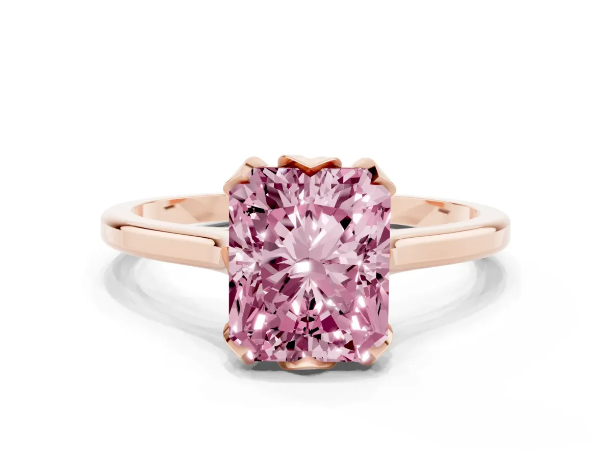 Fancy Pink Radiant Cut Diamond Solitaire Ring with Flower Prong Setting and Classic Band Rose gold