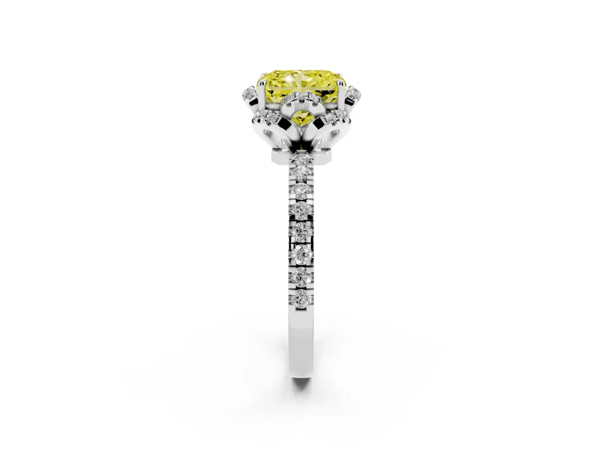 Fancy Yellow Radiant Cut Diamond Halo Pave Band with Four-Prong Setting White gold