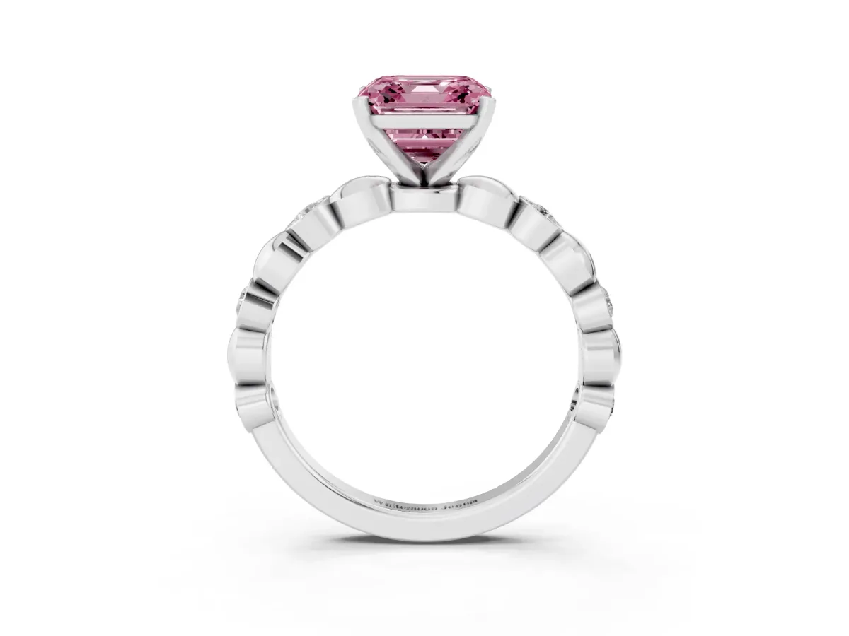 Fancy Pink Asscher Cut Solitaire Bezel-Set Diamond Ring with Beaded Band and Four-Prong Setting Silver