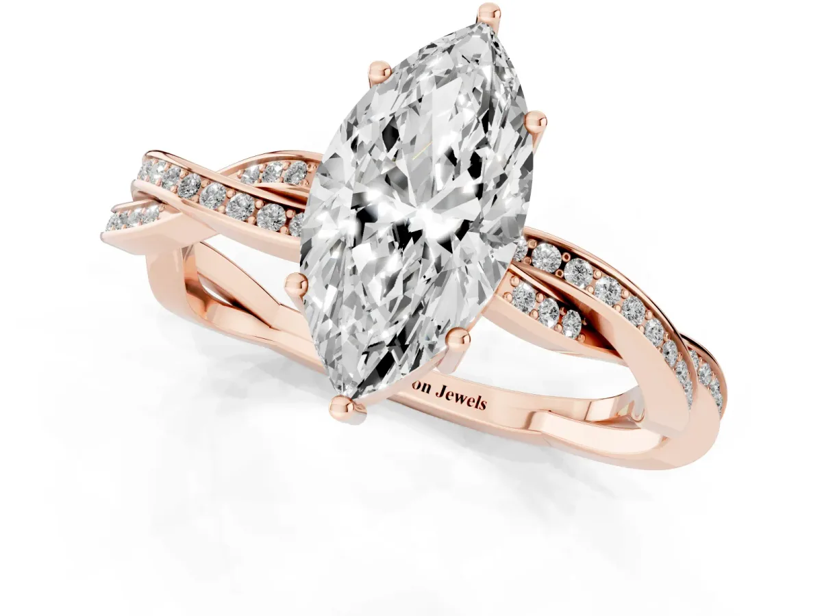 Marquise Cut Solitaire Twisted Pave Diamond Ring with Four-Prong Setting Rose gold